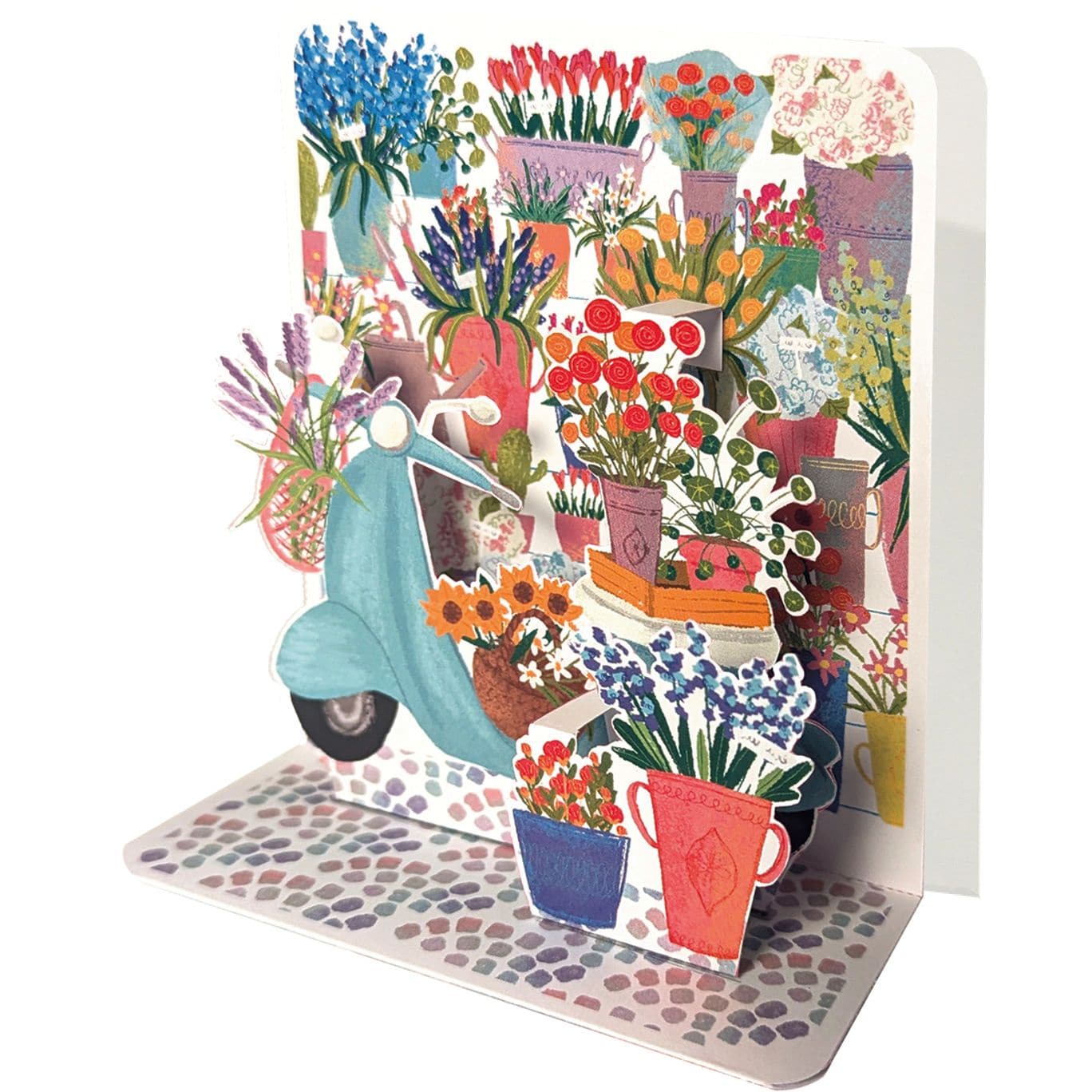Pictura Vespa and flowers small pop-up card featuring colorful paper Vespa scooter with floral design on white background